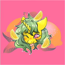 Size: 3000x3000 | Tagged: safe, artist:baby, artist:pissbaby, imported from derpibooru, oc, oc only, oc:lemon breeze, pony, unicorn, :p, background, bust, female, food, lemon, portrait, solo, tongue out