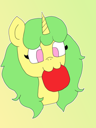 Size: 2448x3264 | Tagged: safe, artist:gamerpie, imported from derpibooru, oc, oc only, oc:lemon breeze, pony, unicorn, female, frisbee, nom, simple background, solo