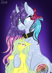 Size: 1484x2090 | Tagged: safe, imported from derpibooru, oc, oc only, oc:denali lunamoon, oc:lemon breeze, crystal pony, pony, unicorn, collar, duo, female, looking at each other, looking down, looking up, mare, simple background, size difference