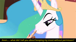 Size: 1280x718 | Tagged: safe, edit, edited screencap, imported from derpibooru, screencap, princess celestia, pony, angry, boop, caption, celestia is not amused, disembodied hand, hand, implied anon, text, this will end in a trip to the moon, unamused