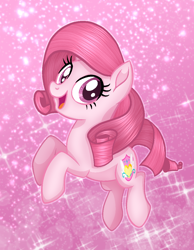 Size: 892x1148 | Tagged: safe, alternate version, artist:muhammad yunus, artist:tanahgrogot, edit, imported from derpibooru, oc, oc only, oc:annisa trihapsari, earth pony, pony, female, jumping, looking at you, mare, open mouth, phone wallpaper, pink background, simple background, solo, sparkles, wallpaper