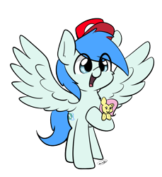 Size: 820x897 | Tagged: safe, artist:taurson, imported from derpibooru, fluttershy, oc, oc:sports news, pegasus, pony, derpibooru community collaboration, 2021 community collab, duo, female, fluttershy plushie, hat, mare, open mouth, plushie, simple background, transparent background