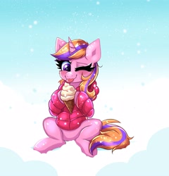 Size: 3840x4000 | Tagged: safe, artist:confetticakez, imported from derpibooru, oc, oc only, oc:cream sherbet, pony, unicorn, blushing, clothes, cute, food, ice cream, jacket, licking, ocbetes, sitting, snow, snowfall, solo, tongue out, winter, winter outfit