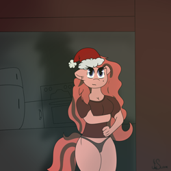 Size: 2500x2500 | Tagged: safe, artist:inky scroll, imported from derpibooru, oc, oc only, oc:scarlett blade, anthro, christmas, christmas tree, clothes, female, hat, holiday, mare, panties, santa hat, shirt, tree, underwear