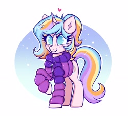 Size: 1912x1734 | Tagged: safe, artist:confetticakez, imported from derpibooru, oc, oc only, oc:oofy colorful, pony, unicorn, blushing, clothes, cute, female, jacket, mare, snow, snowfall, solo, winter, winter outfit