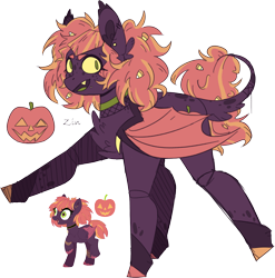 Size: 2746x2776 | Tagged: safe, artist:zinmystery, imported from derpibooru, oc, oc only, oc:pumpkin pandemonium pie, bat pony, pony, bat wings, candy, candy corn, chest fluff, choker, food, interspecies offspring, offspring, parent:discord, parent:pinkie pie, parents:discopie, simple background, solo, transparent background, wings, yellow sclera