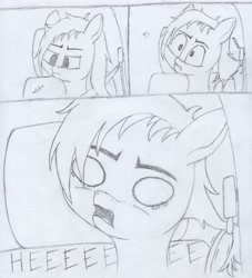 Size: 3720x4096 | Tagged: safe, artist:myzanil, imported from derpibooru, oc, oc:myza nil red, pegasus, pony, car, comic, crying, hair, monochrome, pain, pencil drawing, scared, seatbelt, sitting, solo, stuck, text, traditional art