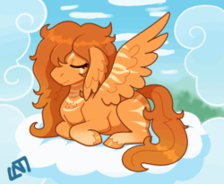 Size: 560x459 | Tagged: safe, artist:lastnight-light, imported from derpibooru, oc, oc:marmalade, pegasus, pony, animated, cloud, female, gif, lying down, mare, prone, solo, wing ears