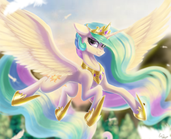 Size: 1480x1200 | Tagged: safe, artist:evedizzy26, imported from derpibooru, princess celestia, alicorn, pony, beautiful, blurred background, blurry background, concave belly, crown, ear fluff, eyelashes, female, floppy ears, flying, hoof shoes, jewelry, long mane, long tail, looking at you, mare, peytral, princess shoes, regalia, slim, smiling, smiling at you, solo, spread wings, sternocleidomastoid, sunshine, tail, thin, wings