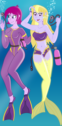 Size: 1904x3855 | Tagged: safe, artist:physicrodrigo, imported from derpibooru, fuchsia blush, lavender lace, trixie, angler fish, fish, mermaid, equestria girls, air tank, belly button, bikini, breasts, busty fuchsia blush, busty lavender lace, clothes, cropped, duo, duo female, female, flippers (gear), gills, high res, mermaidized, purple bikini, purple swimsuit, rebreather, ripping clothes, scuba, scuba gear, species swap, swimsuit, transformation, underwater, wetsuit