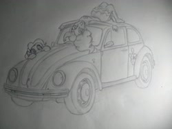 Size: 4000x3000 | Tagged: safe, artist:cobra0281, imported from derpibooru, pinkie pie, earth pony, human, pony, equestria girls, car, cutie mark, female, grayscale, monochrome, pencil drawing, photo, traditional art, upside down, volkswagen, volkswagen beetle