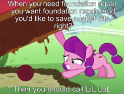 Size: 806x609 | Tagged: safe, edit, edited screencap, imported from derpibooru, screencap, lily longsocks, earth pony, pony, crusaders of the lost mark, ball, cropped, cs188, earth pony magic, earth pony strength, female, filly, foal, hoh sis, lifting, magic, meme, no one needs foundation repair, ponified meme, solo, strength, super strength, youtube poop