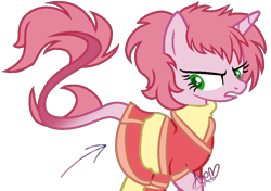 Size: 900x633 | Tagged: safe, artist:muhammad yunus, artist:tanahgrogot, imported from derpibooru, classical unicorn, pony, unicorn, season 1, aelita schaeffer, arrow, clothes, cloven hooves, code lyoko, crossover, cute, g1, g1 to g4, g4, generation leap, gritted teeth, implied upskirt, leonine tail, looking at you, ponified, simple background, solo, transparent background, unshorn fetlocks