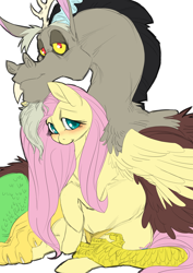 Size: 2894x4093 | Tagged: safe, artist:snspony, imported from derpibooru, discord, fluttershy, draconequus, pegasus, pony, discoshy, female, male, preggoshy, pregnant, shipping, simple background, straight, white background