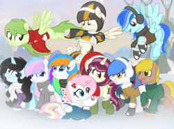 Size: 805x600 | Tagged: safe, artist:emeriss96, imported from derpibooru, oc, oc:black min, oc:camellia glory, oc:edy dx, oc:fire bolt, oc:katie lighter, oc:mimi rusebiry, oc:nassora, oc:pink cake, oc:white tail, bat pony, pegasus, pony, unicorn, clothes, flying, looking at each other, snow, winter