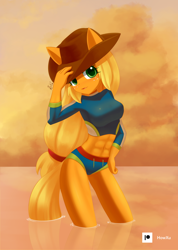 Size: 1000x1407 | Tagged: safe, artist:howxu, imported from derpibooru, applejack, anthro, earth pony, abs, applejack's hat, belly button, breasts, busty applejack, clothes, cowboy hat, cute, equestria girls outfit, female, freckles, hat, jackabetes, looking at you, solo, standing in water, sunset, swimsuit