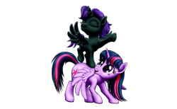 Size: 2575x1591 | Tagged: safe, artist:vasillium, imported from derpibooru, twilight sparkle, oc, oc:nyx, alicorn, pony, accessories, accessory, alicorn oc, closed mouth, clothes, cutie mark, daughter, eyebrows, eyelashes, eyes closed, family, female, filly, happy, headband, horn, mare, mother, mother and child, mother and daughter, mouth closed, nostrils, one hoof raised, open mouth, parent and child, parent and foal, princess, raised hoof, royalty, simple background, spread wings, standing, stars, transparent background, twilight sparkle (alicorn), wings