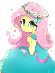 Size: 2436x3223 | Tagged: safe, artist:fuyugi, artist:nendo, imported from derpibooru, fluttershy, equestria girls, adorable face, beautiful, cute, female, floral head wreath, flower, flower in hair, headband, looking at you, looking up, shyabetes, simple background, smiling, solo, white background