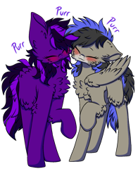 Size: 1100x1400 | Tagged: safe, artist:pegacousin, imported from derpibooru, oc, oc only, oc:gamebrony, oc:kioshka, earth pony, pegasus, pony, derpibooru community collaboration, 2021 community collab, :3, behaving like a cat, blushing, cheek fluff, chest fluff, ear fluff, eyes closed, fluffy, purring, simple background, transparent background