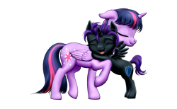 Size: 2575x1591 | Tagged: safe, artist:vasillium, imported from derpibooru, twilight sparkle, oc, oc:nyx, alicorn, pony, alicorn oc, closed mouth, cutie mark, daughter, eyebrows, eyelashes, eyes closed, family, female, filly, happy, horn, hug, love, mare, moon, mother, mother and child, mother and daughter, motherly love, mouth closed, nostrils, one hoof raised, open mouth, parent and child, parent and foal, princess, raised hoof, royalty, shield, simple background, spread wings, standing, standing on back legs, stars, transparent background, twilight sparkle (alicorn), wings