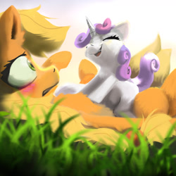 Size: 1445x1445 | Tagged: safe, artist:filly909, artist:imadeus, imported from derpibooru, applejack, sweetie belle, earth pony, pony, unicorn, blushing, cuddling, cute, diasweetes, eyes closed, gritted teeth, hape, hug, lying down, misleading thumbnail, nervous, non-consensual cuddling, nostrils, on back, on top, personal space invasion, sitting on, sitting on person, sitting on pony, smiling