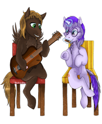 Size: 1126x1365 | Tagged: safe, artist:panininha, imported from derpibooru, oc, oc:glass sight, oc:mellow rhythm, pegasus, pony, unicorn, beard, chair, chest fluff, cute, duo, facial hair, female, glasses, guitar, guitar pick, harmonica, looking at each other, magic, magic aura, male, mare, music, musical instrument, oc x oc, shipping, simple background, sitting up, smiling, stallion, transparent background, underhoof