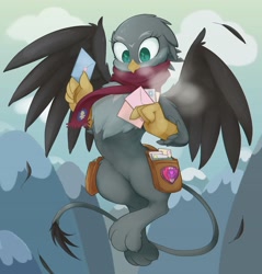 Size: 1960x2048 | Tagged: safe, artist:noupu, imported from derpibooru, gabby, griffon, clothes, cold, cute, cutie mark crusaders patch, female, flying, gabbybetes, letter, mailbag, satchel, scarf