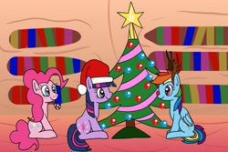 Size: 1280x854 | Tagged: safe, artist:platinumdrop, imported from derpibooru, pinkie pie, rainbow dash, twilight sparkle, pony, unicorn, antlers, christmas, christmas tree, hat, holiday, red nose, request, santa hat, tree, unicorn twilight