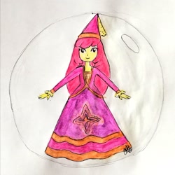 Size: 1524x1523 | Tagged: safe, artist:fude-chan-art, imported from derpibooru, apple bloom, equestria girls, for whom the sweetie belle toils, bubble, clothes, dress, gown, hennin, princess, princess apple bloom, smiling, solo, traditional art