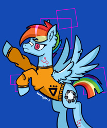 Size: 842x1011 | Tagged: safe, artist:starlight-j, imported from derpibooru, rainbow dash, pegasus, pony, alternate hairstyle, alternate universe, clothes, cyberpunk, flying, solo, sweater