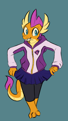 Size: 1130x2019 | Tagged: safe, artist:skunkstripe, imported from derpibooru, smolder, dragon, clothes, curtsey, dragoness, female, jacket, simple background, skirt, smiling, solo, varsity jacket