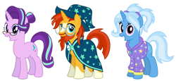 Size: 1280x587 | Tagged: safe, artist:aleximusprime, imported from derpibooru, starlight glimmer, sunburst, trixie, pony, alternate hairstyle, babysitter trixie, clothes, female, hoodie, male, mare, simple background, stallion, transparent background