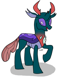 Size: 1608x2128 | Tagged: safe, artist:byteslice, imported from derpibooru, pharynx, changedling, changeling, happy, male, prince pharynx, raised hoof, simple background, smiling, solo, transparent background