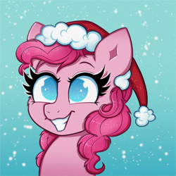 Size: 2000x2000 | Tagged: safe, artist:confetticakez, imported from derpibooru, pinkie pie, earth pony, pony, blue background, bust, christmas, clothes, cute, diapinkes, female, grin, hat, high res, holiday, mare, no pupils, portrait, santa hat, simple background, smiling, snow, solo