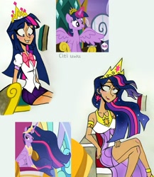 Size: 2857x3288 | Tagged: safe, artist:citi, imported from derpibooru, screencap, twilight sparkle, alicorn, human, pony, the last problem, trade ya, crossed legs, crown, female, human princess twilight, humanized, jewelry, mare, older, older twilight, princess twilight 2.0, regalia, scene interpretation, screencap reference, sitting, solo, then and now, twilight sparkle (alicorn)