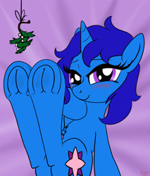 Size: 3400x4000 | Tagged: safe, artist:littlenaughtypony, imported from derpibooru, part of a set, oc, oc only, oc:delly, pony, unicorn, blushing, commission, fetish, frog (hoof), hoof fetish, looking at you, mistleholly, mistletoe, solo, underhoof, ych result