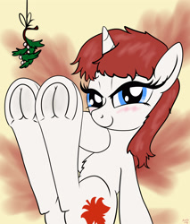Size: 3400x4000 | Tagged: safe, artist:littlenaughtypony, imported from derpibooru, part of a set, oc, oc only, oc:amber reverie, pony, unicorn, blushing, commission, fetish, frog (hoof), hoof fetish, looking at you, mistleholly, mistletoe, solo, underhoof, ych result