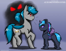 Size: 1024x793 | Tagged: safe, artist:jcosneverexisted, imported from derpibooru, oc, oc only, oc:clover knight, oc:lucy (changeling), bat pony, changeling, pony, aura, female, filly, looking at each other, mare, purple changeling