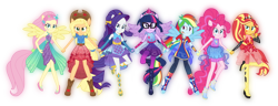 Size: 9000x3442 | Tagged: safe, artist:lincolnbrewsterfan, derpibooru exclusive, imported from derpibooru, applejack, fluttershy, pinkie pie, rainbow dash, rarity, sci-twi, sunset shimmer, twilight sparkle, equestria girls, equestria girls series, spring breakdown, spoiler:eqg series (season 2), determined, holding hands, humane five, humane seven, humane six, inkscape, ponied up, simple background, super ponied up, the elements, transparent background, vector, winged humanization, wings