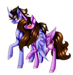 Size: 946x972 | Tagged: safe, artist:minelvi, imported from derpibooru, oc, oc only, alicorn, pony, alicorn oc, blushing, colored hooves, horn, hug, oc x oc, raised hoof, shipping, simple background, transparent background, winghug, wings
