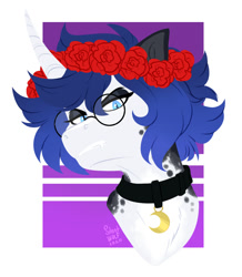 Size: 992x1140 | Tagged: safe, artist:silentwolf-oficial, imported from derpibooru, oc, oc only, oc:moonlight lullaby, pony, unicorn, abstract background, bust, choker, eyeliner, female, floral head wreath, flower, glasses, horn, makeup, signature, solo, unicorn oc