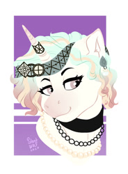 Size: 705x960 | Tagged: safe, artist:silentwolf-oficial, imported from derpibooru, oc, oc only, pony, unicorn, abstract background, choker, horn, horn jewelry, jewelry, necklace, smiling, solo, unicorn oc