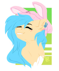 Size: 792x960 | Tagged: safe, artist:silentwolf-oficial, imported from derpibooru, oc, oc only, earth pony, pony, abstract background, bunny ears, bust, earth pony oc, eyes closed, hat, signature, solo