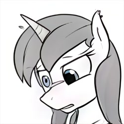 Size: 1024x1024 | Tagged: safe, artist:thisponydoesnotexist, imported from derpibooru, pony, ai content, ai generated, generator:thisponydoesnotexist, grayscale, looking down, monochrome, neural network, simple background, solo, white background