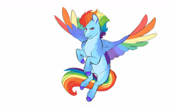 Size: 1440x890 | Tagged: safe, artist:silentwolf-oficial, imported from derpibooru, rainbow dash, pegasus, pony, alternate design, colored hooves, colored wings, colored wingtips, female, flying, mare, multicolored wings, rainbow wings, simple background, solo, white background, wings