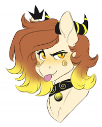 Size: 1513x1884 | Tagged: safe, artist:silentwolf-oficial, imported from derpibooru, oc, oc only, pony, :p, blushing, bust, choker, crown, horns, jewelry, regalia, simple background, solo, tongue out, white background