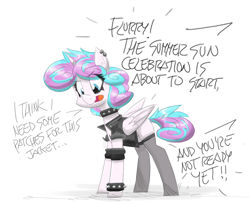 Size: 2968x2533 | Tagged: safe, artist:flutterthrash, imported from derpibooru, princess flurry heart, alicorn, pony, choker, clothes, dialogue, emo, female, high res, jacket, leather jacket, offscreen character, princess emo heart, socks, solo, solo female, spiked choker, spiked wristband, stockings, text, thigh highs, wristband