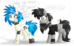 Size: 2900x1800 | Tagged: safe, artist:flutterthrash, imported from derpibooru, dj pon-3, octavia melody, vinyl scratch, earth pony, pony, unicorn, alternate hairstyle, bandaid, bruised, choker, clothes, dialogue, goth, gritted teeth, messy mane, pain, pain star, punk, shirt, spiked choker, tailcuff, text