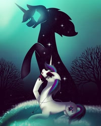 Size: 900x1125 | Tagged: safe, artist:rxndxm.artist, imported from derpibooru, oc, oc only, oc:shooting star, pony, unicorn, black sclera, black tears, female, horn, jewelry, lying down, mare, necklace, outdoors, prone, shadow, solo, tree, unicorn oc