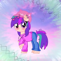 Size: 1080x1080 | Tagged: safe, artist:rxndxm.artist, imported from derpibooru, oc, oc only, earth pony, pony, abstract background, blushing, clothes, earth pony oc, hat, hoodie, pants, raised hoof, solo